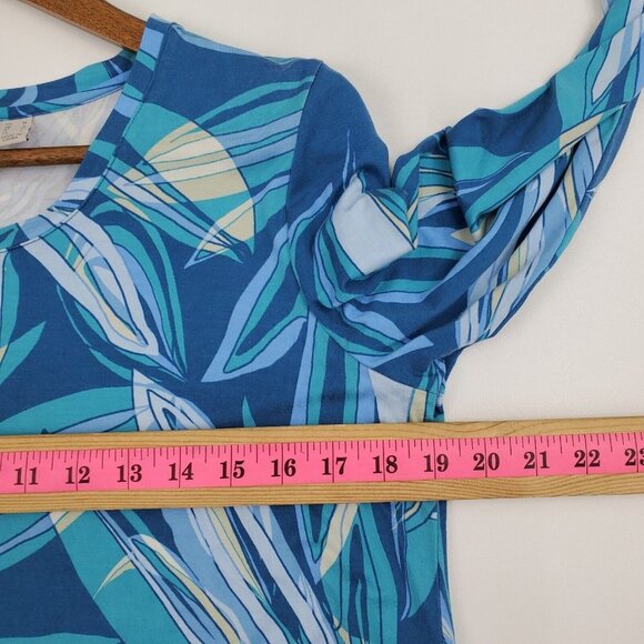 LOGO By Lori Goldstein Womens Satin Hem Tunic Top Size M Blue Printed Asymmetric - Picture 14 of 16